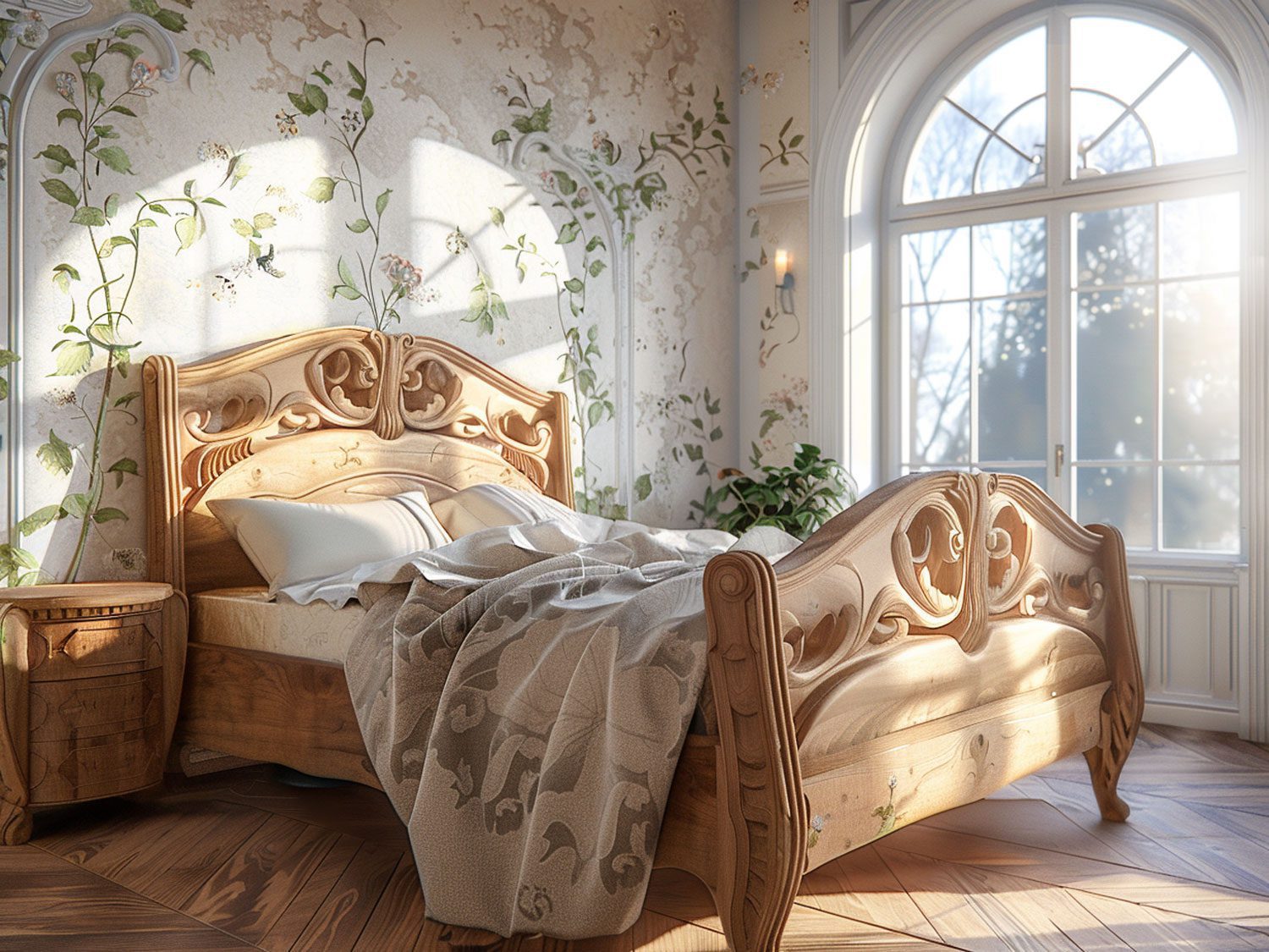 Stylowa sypialnia z dekoracyjnym drewnianym łóżkiem i kwiatowymi tapetami kolor jasny brąz
