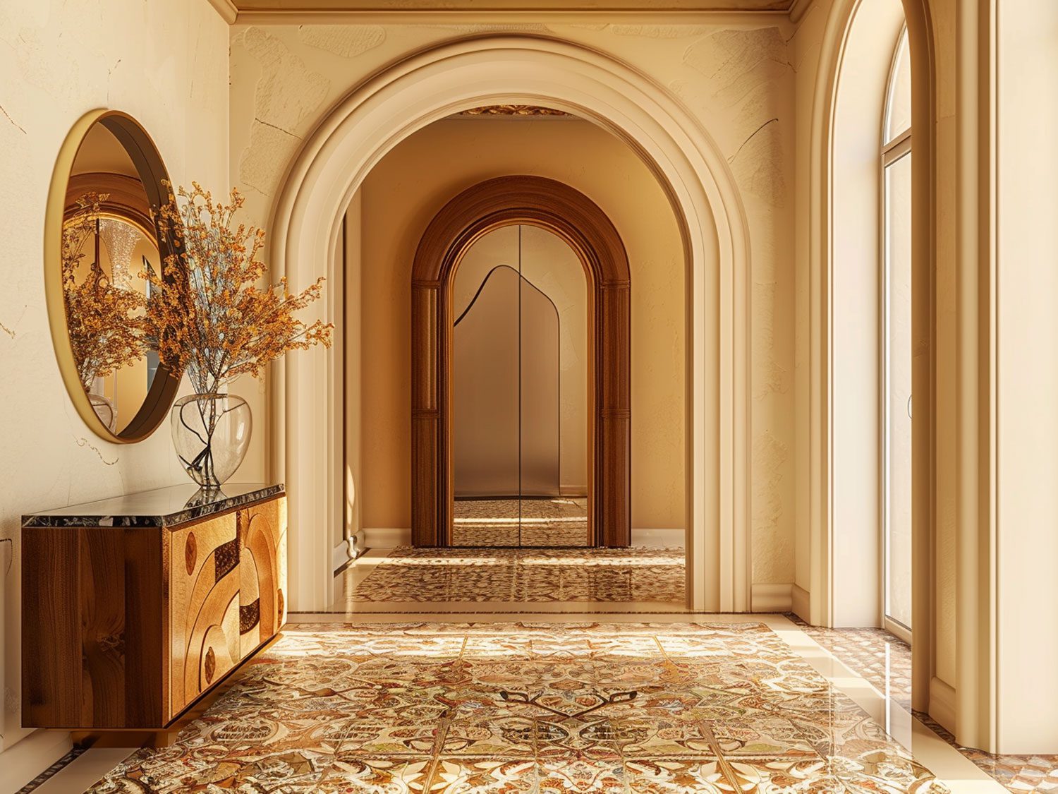 Przestronny hol z łukowymi drzwiami i dekoracyjnymi ścianami kolor piaskowy