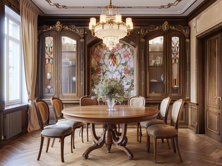 Stylowa jadalnia z drewnianymi krzesłami i stołem w stylu klasycznym kolor ciemny brąz