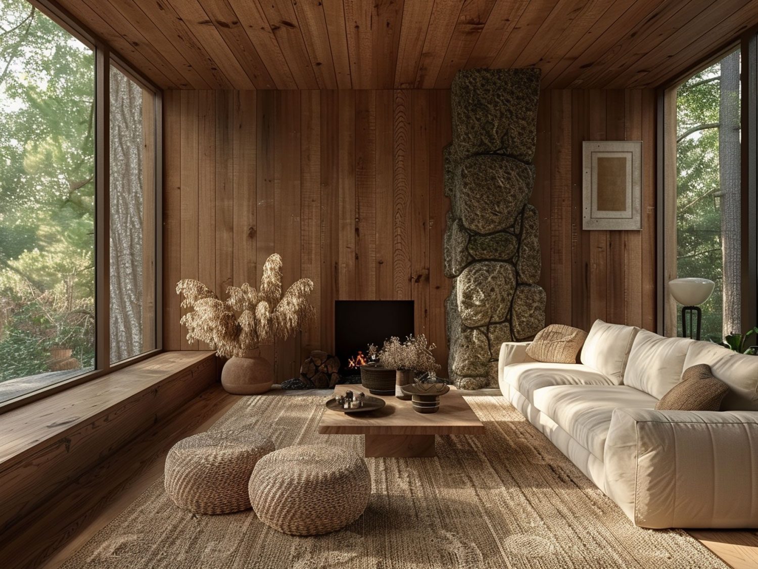 Nowoczesny salon z drewnianymi ścianami i naturalnymi dekoracjami kolor jasny brąz