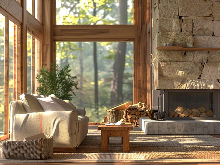 Przestronny salon z dużymi oknami i drewnianymi meblami kolor jasny brąz