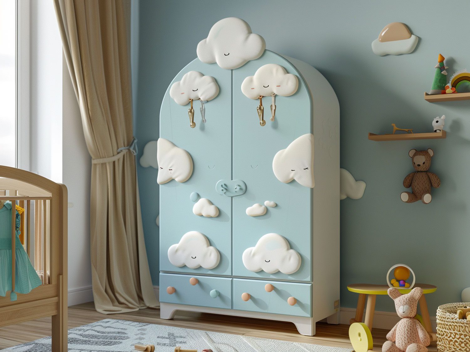 Nowoczesna sypialnia dziecięca z dekoracyjną szafą w kształcie chmurki kolor biały
