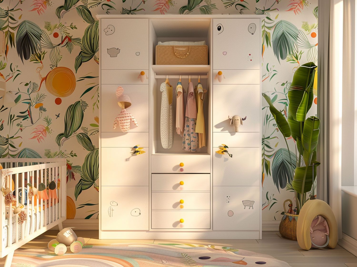 Nowoczesna sypialnia dziecięca z białymi meblami i dekoracyjnymi frontami kolor biały