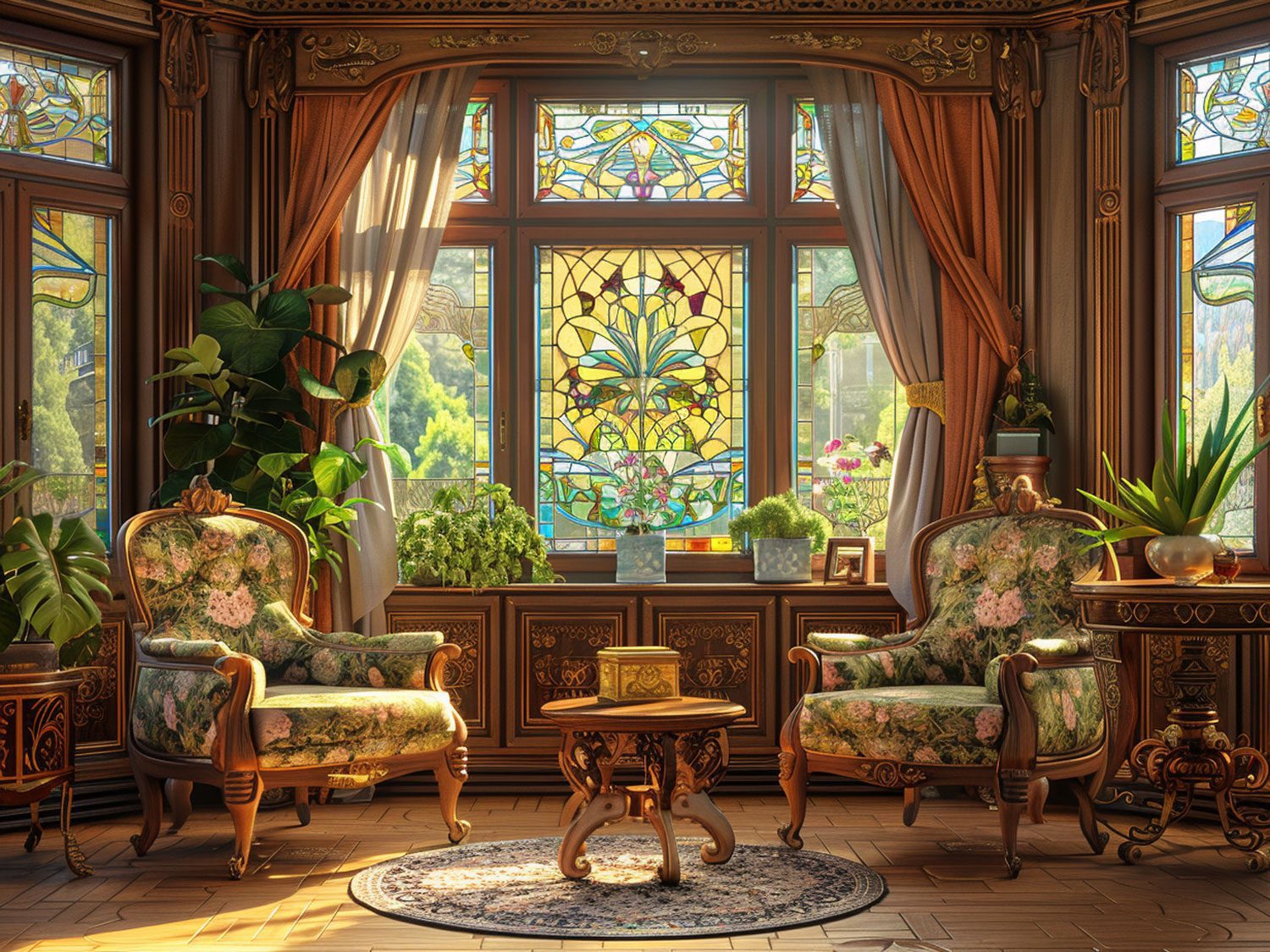 Klasyczny salon z ozdobnymi drewnianymi meblami i witrażowymi oknami kolor ciemny brąz