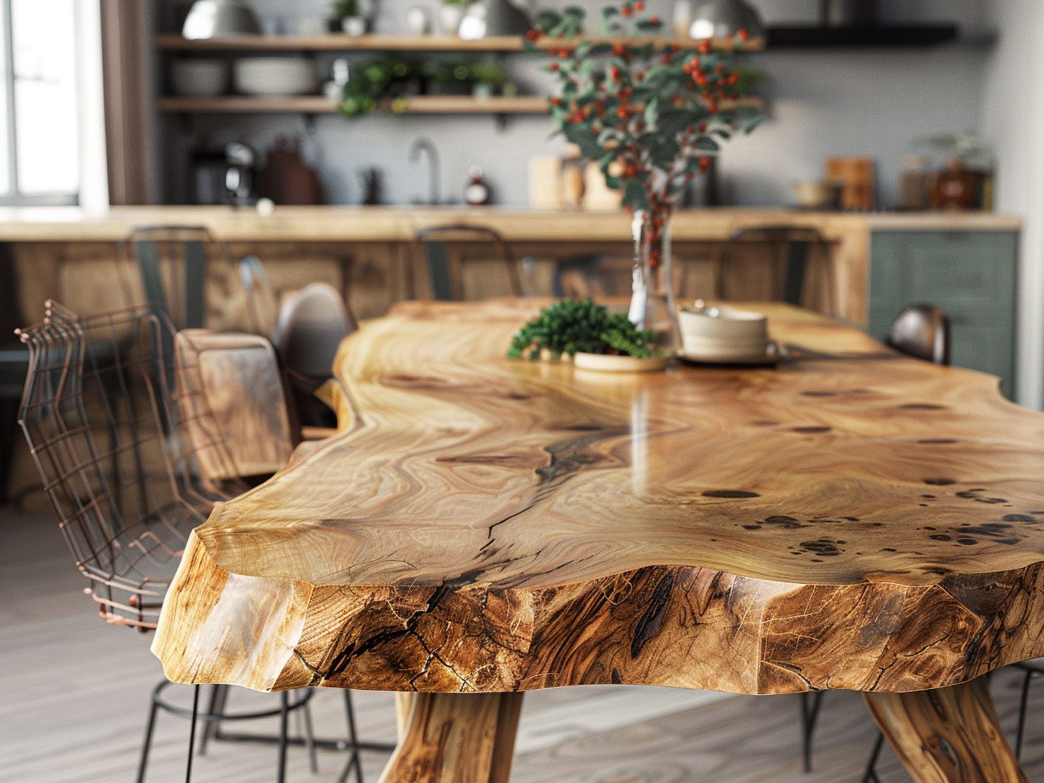 Moderní jídelna s dřevěným stolem a designerskimi židlemi barva světlý hnědá