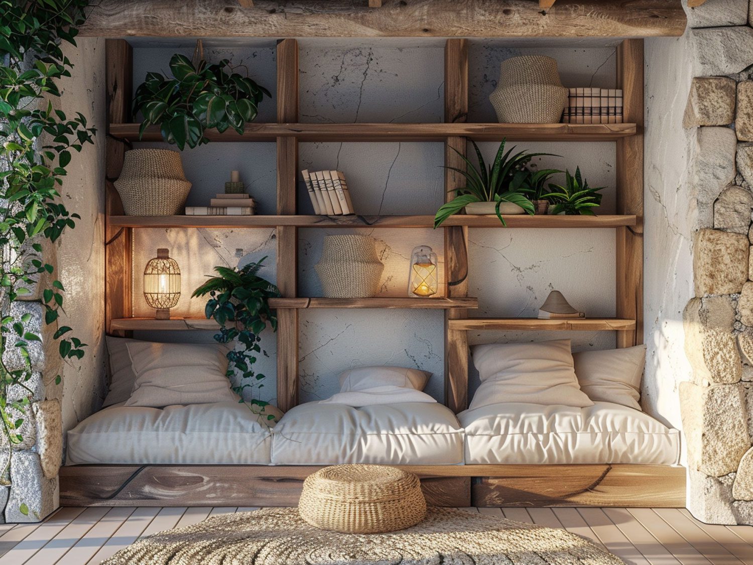 Przytulny salon z drewnianymi półkami i dekoracyjnymi poduszkami kolor jasny brąz