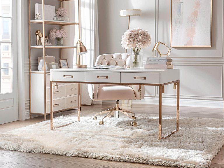 Nowoczesne biuro z białym biurkiem i dekoracyjnymi elementami w stylu glamour kolor biały