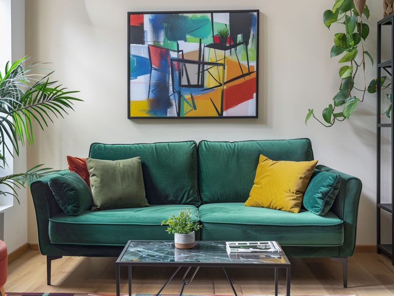 Nowoczesna aranżacja salonu z zieloną sofą i kolorowymi poduszkami