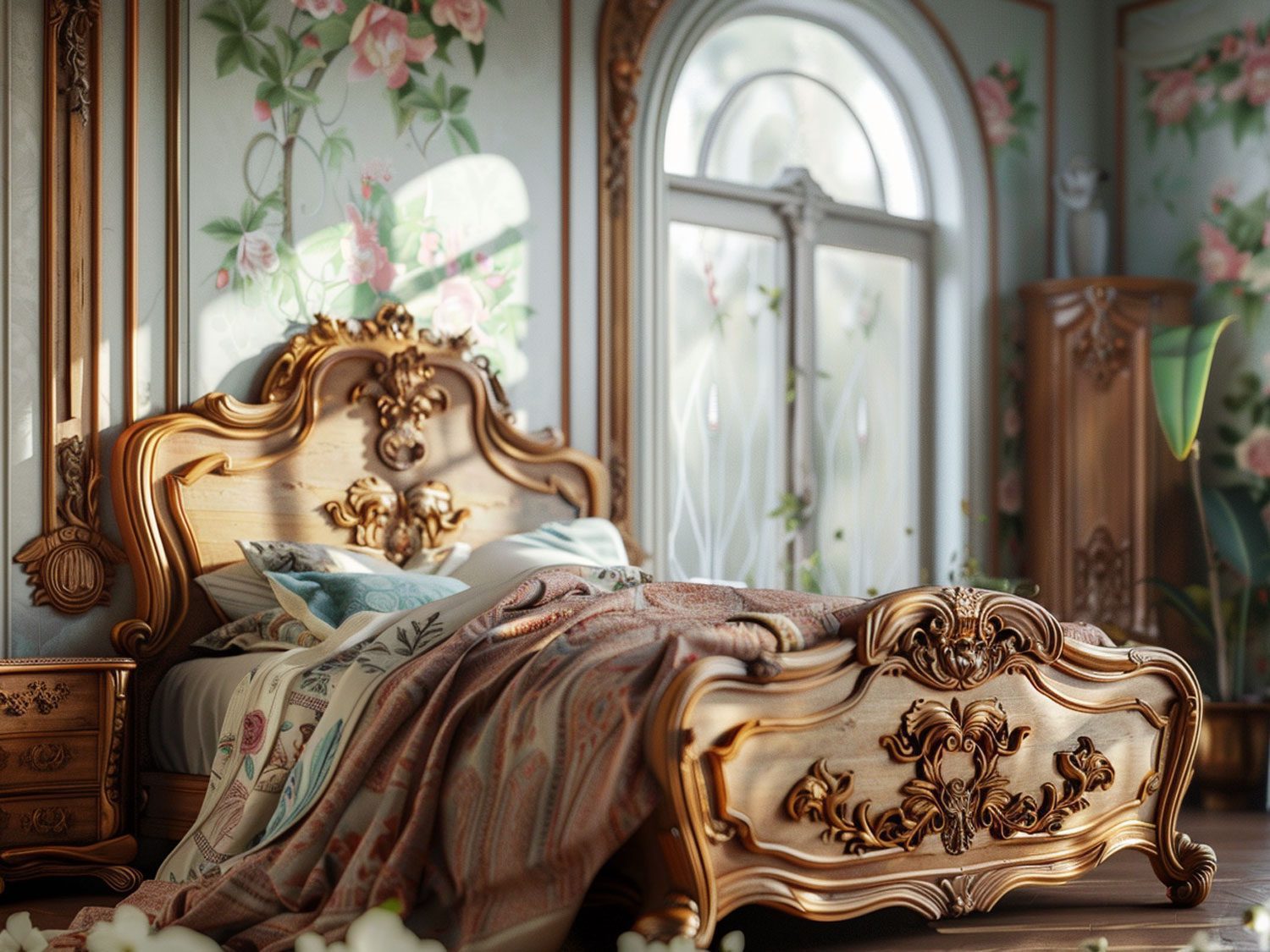 Stylowa sypialnia z dekoracyjnym drewnianym łóżkiem w stylu glamour kolor jasny brąz