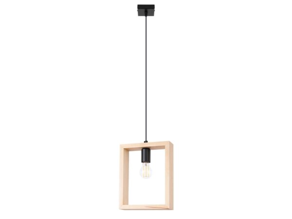 Lampa wisząca z naturalnego drewna z prostokątną ramą i czarnym kablem