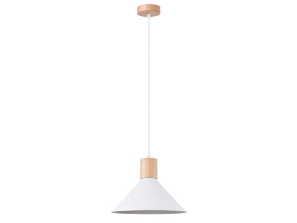 Biała lampa wisząca skandynawska z naturalnym drewnianym wykończeniem