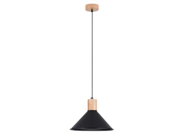 Czarna lampa wisząca ze stożkowym abażurem i jasnym drewnem