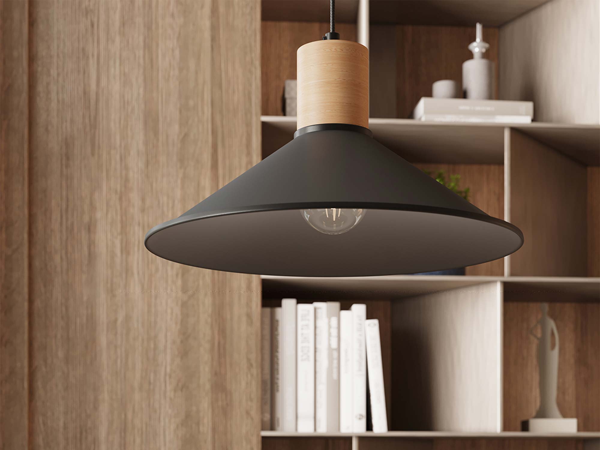 Schwarze Pendelleuchte mit Holzelement in einem Arrangement neben einem Regal