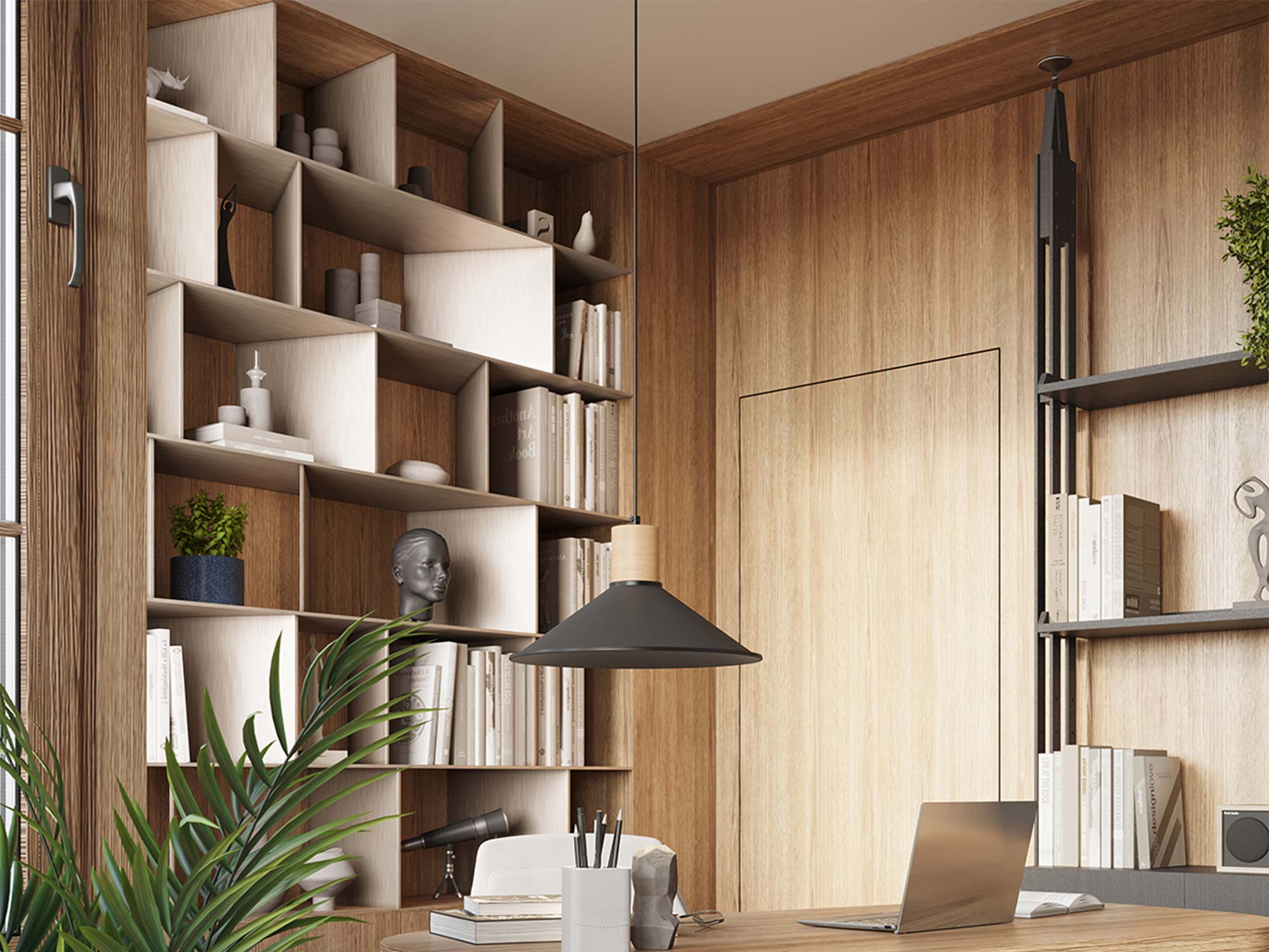 Schwarze Pendelleuchte mit Holz über einem Schreibtisch in einem stilvollen Interieur