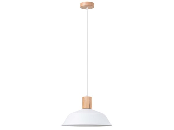 Biała lampa wisząca z drewnianym wykończeniem