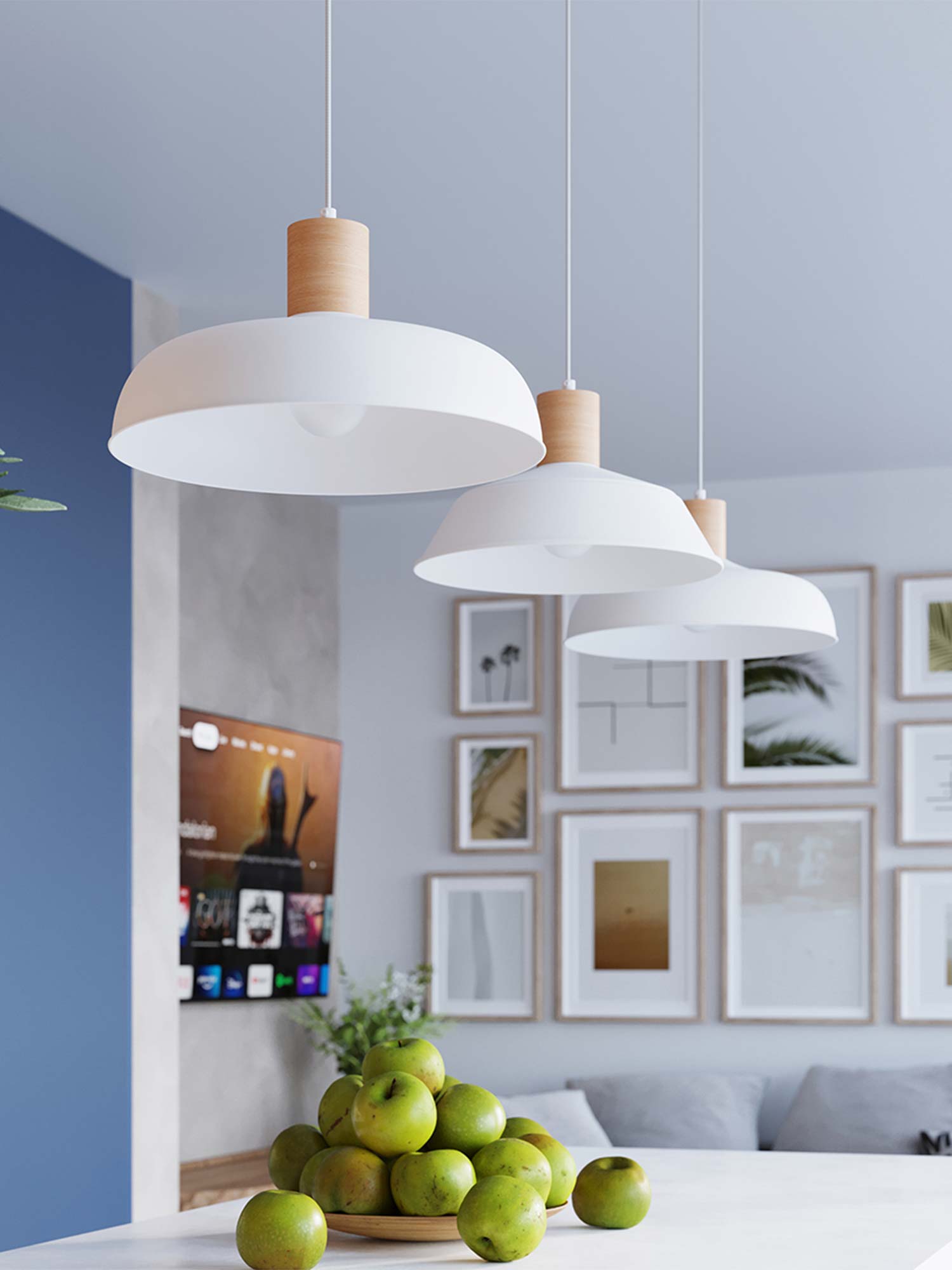 Trzy lampy wiszące białe skandynawskie w aranżacji salonu