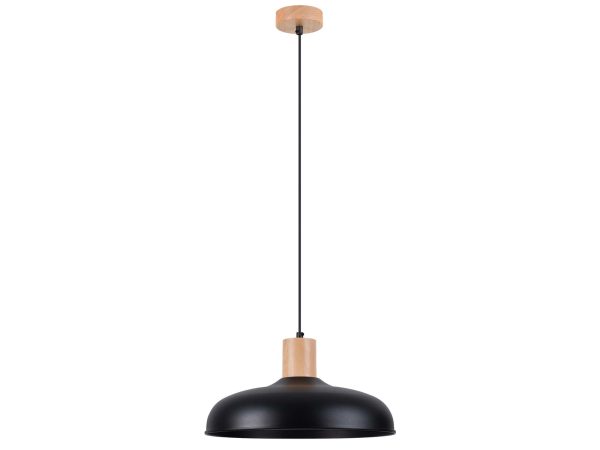 Czarna lampa sufitowa z płaskim kloszem i naturalnym drewnem