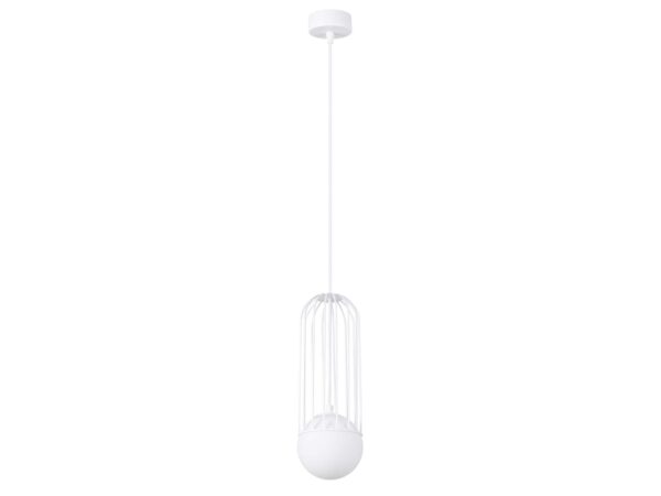 Lampa wisząca biała z klatką i kulą szklaną na białym tle