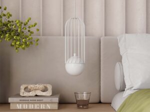 Miniaturka 14 - Lampa wisząca biała z klatką w aranżacji sypialni zbliżenie