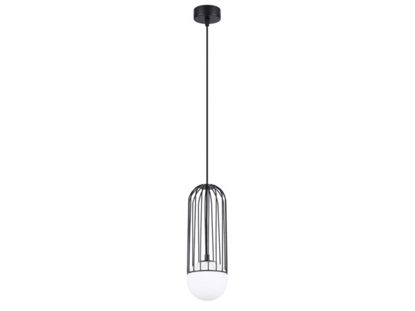 Lampa wisząca czarna z klatką i kulą szklaną na białym tle