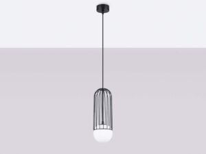 Miniaturka 1 - Czarna lampa wisząca z metalową klatką i szklaną kulą na szarym tle