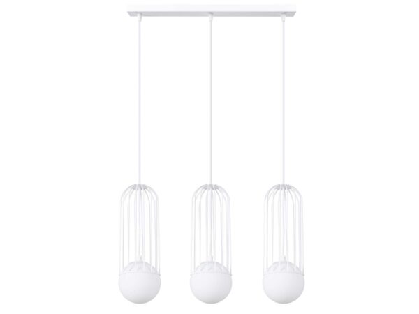 Lampa wisząca biała trójpunktowa z metalowymi klatkami na białym tle