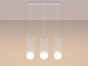 Miniaturka 3 - Lampa wisząca trójpunktowa biała z klatkami świecąca ciepłym światłem