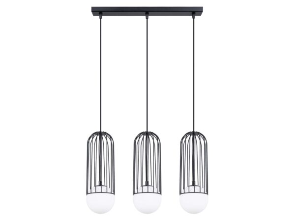 Lampa wisząca trójpunktowa czarna z metalowymi klatkami na białym tle