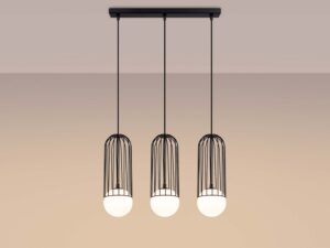 Miniaturka 3 - Lampa wisząca trójpunktowa czarna z klatkami świecąca ciepłym światłem
