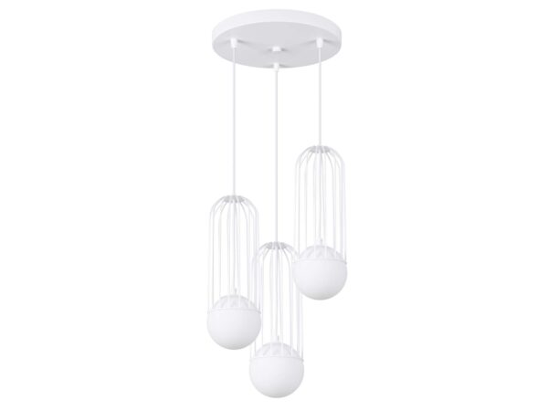 Lampa wisząca biała czteropunktowa z klatkami świecąca ciepłym światłem