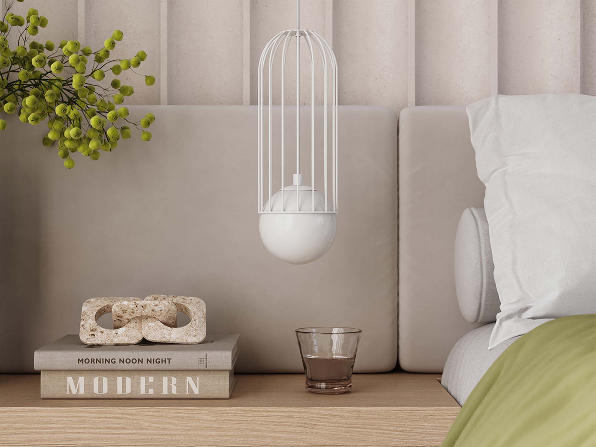Weiße Hängelampe mit Käfig im Schlafzimmer-Arrangement am Nachttisch