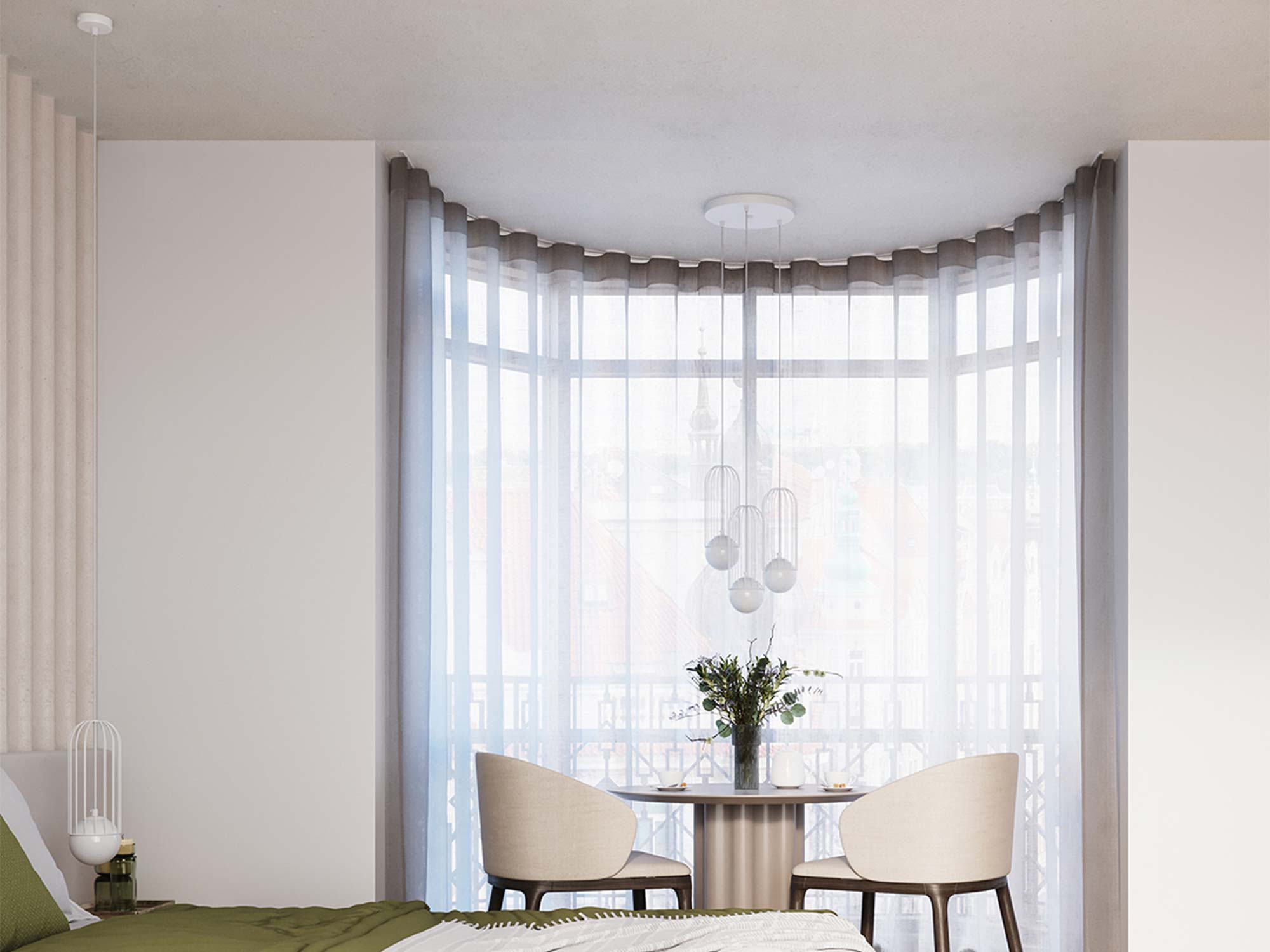 Weiße Hängelampen mit Käfigen im Esszimmer-Arrangement an einem großen Fenster
