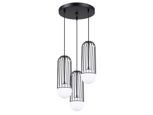 Lampa wisząca trójpunktowa z okrągłą podsufitką i klatkami na białym tle