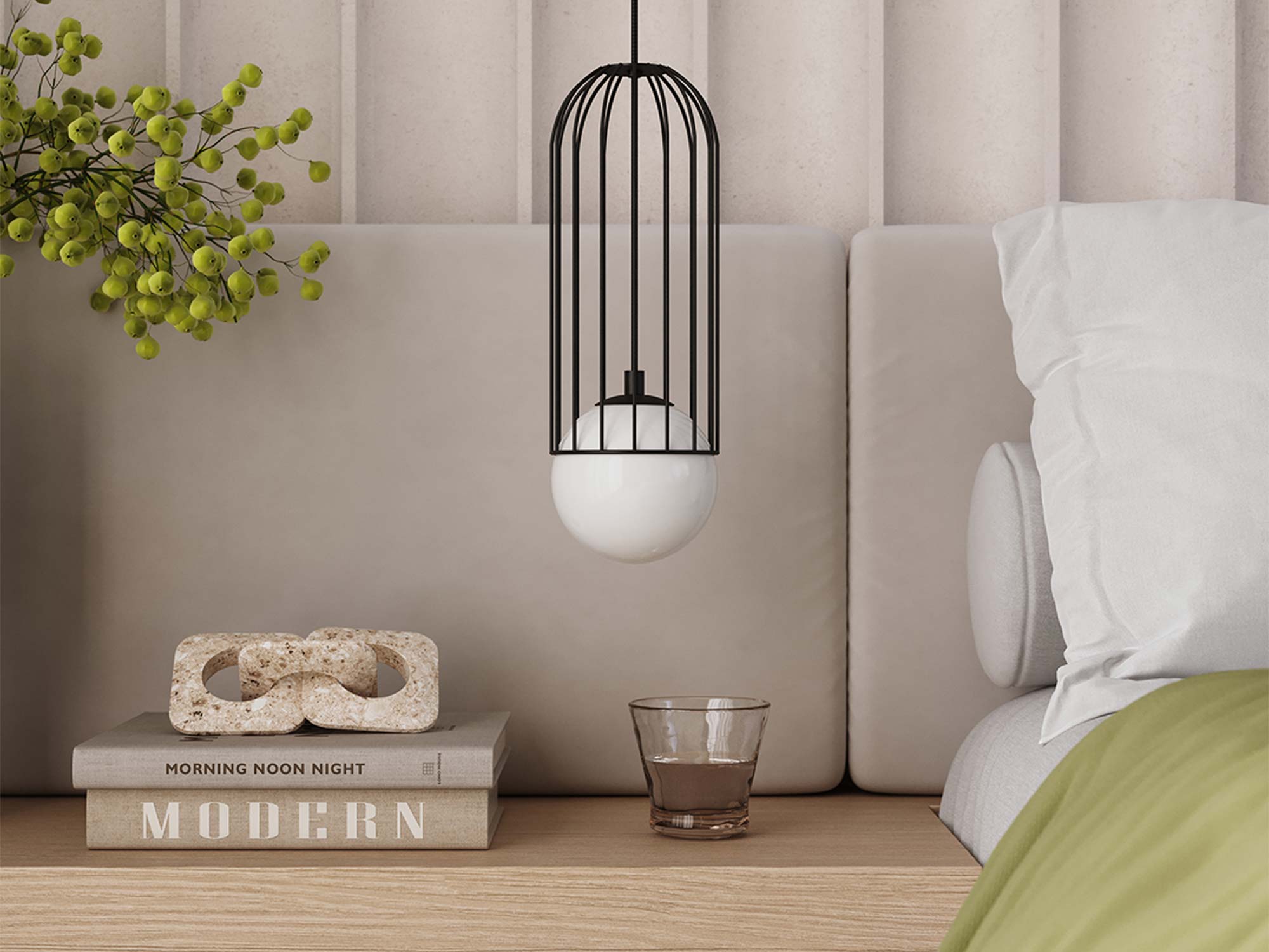 Czarna lampa wisząca z klatką w aranżacji sypialni przy stoliku nocnym