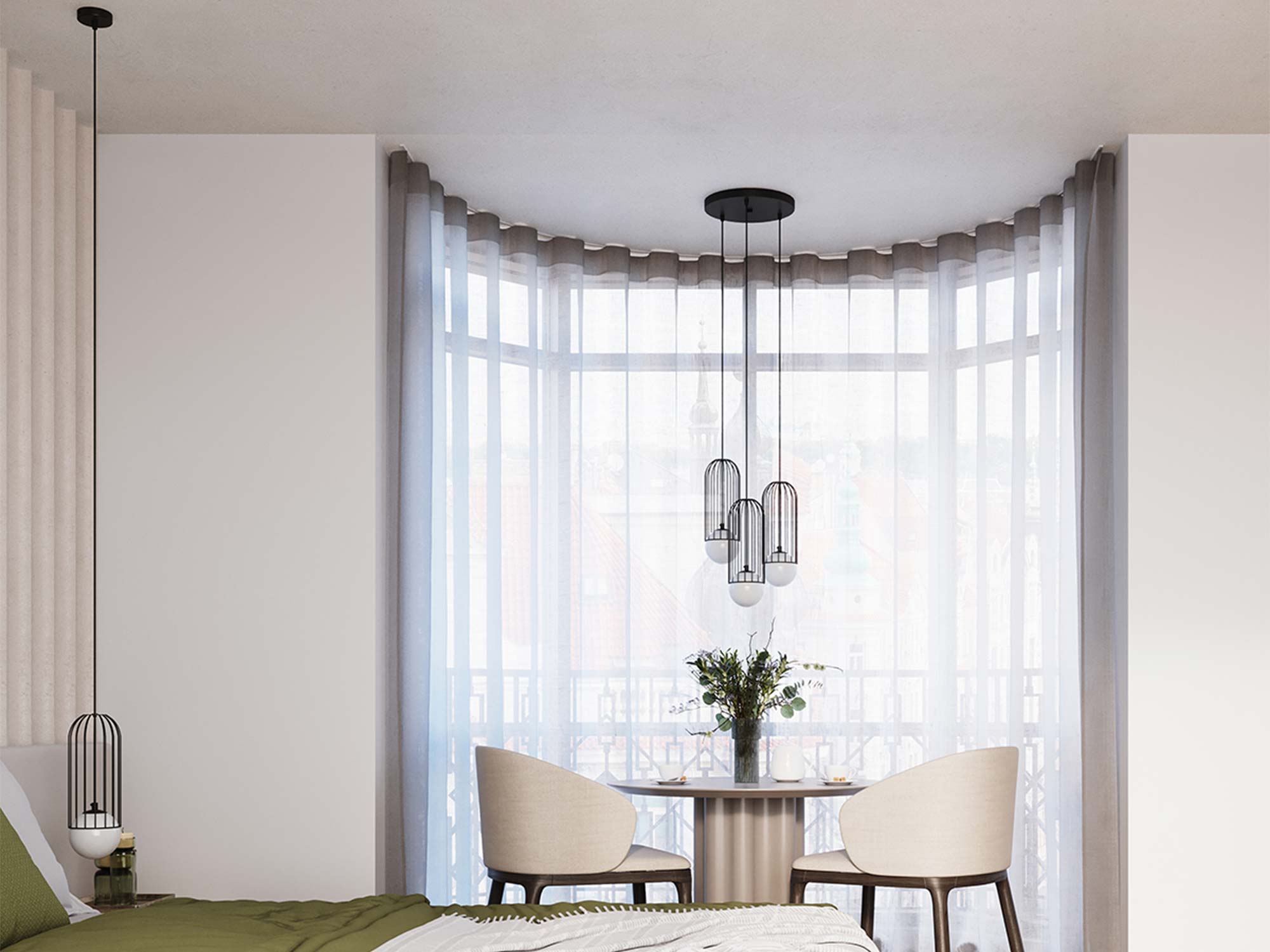 Lampa wisząca trójpunktowa z klatkami w aranżacji jadalni przy dużym oknie