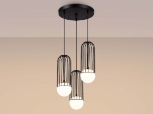 Miniaturka 4 - Lampa wisząca trójpunktowa z okrągłą podsufitką świecąca ciepłym światłem