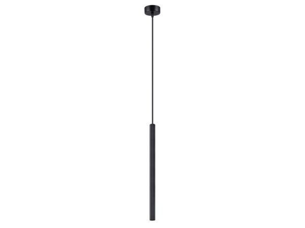 Lampa wisząca jednopunktowa czarna z ryflowanym cylindrycznym kloszem na białym tle
