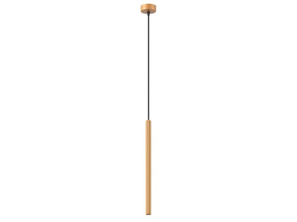 Lampa wisząca jednopunktowa złota z ryflowanym cylindrycznym kloszem na białym tle