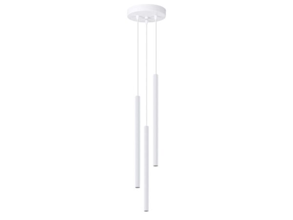 Lampa wisząca trójpunktowa biała z ryflowanymi cylindrycznymi kloszami na białym tle