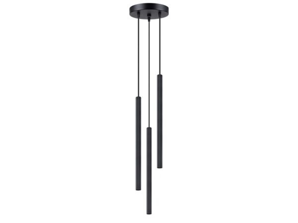 Lampa wisząca trójpunktowa czarna z ryflowanymi cylindrycznymi kloszami na białym tle