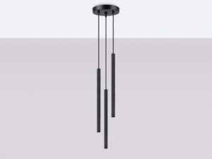 Miniaturka 2 - Czarna lampa wisząca trójpunktowa z cylindrycznymi kloszami w aranżacji sufitu