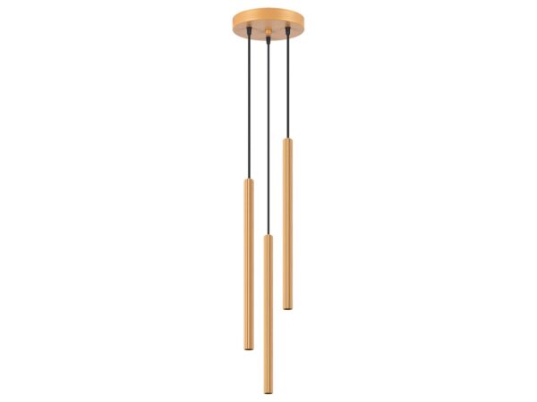 Lampa wisząca trójpunktowa złota z ryflowanymi cylindrycznymi kloszami na białym tle