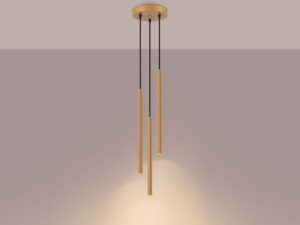 Miniaturka 3 - Lampa wisząca trójpunktowa złota z cylindrycznymi kloszami świecąca ciepłym światłem