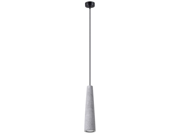 Stożkowa lampa betonowa szara na długim przewodzie z czarną rozetą