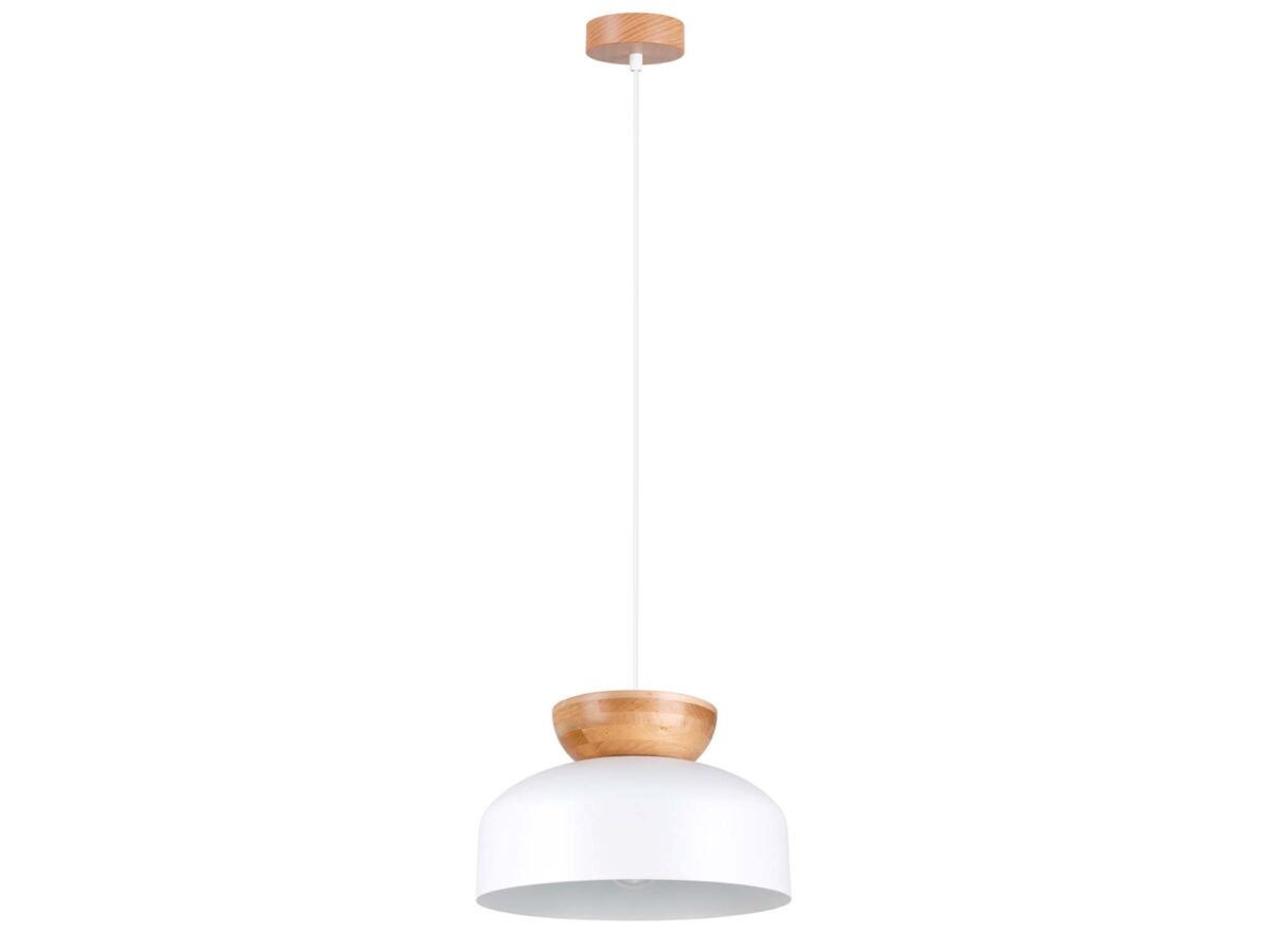 Weiße Pendelleuchte aus Stahl mit Holzdetails MARLA