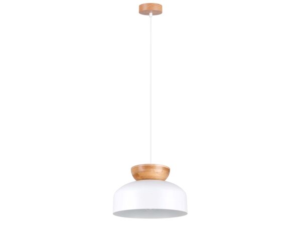 Biała lampa wisząca z naturalnym drewnem bukowym