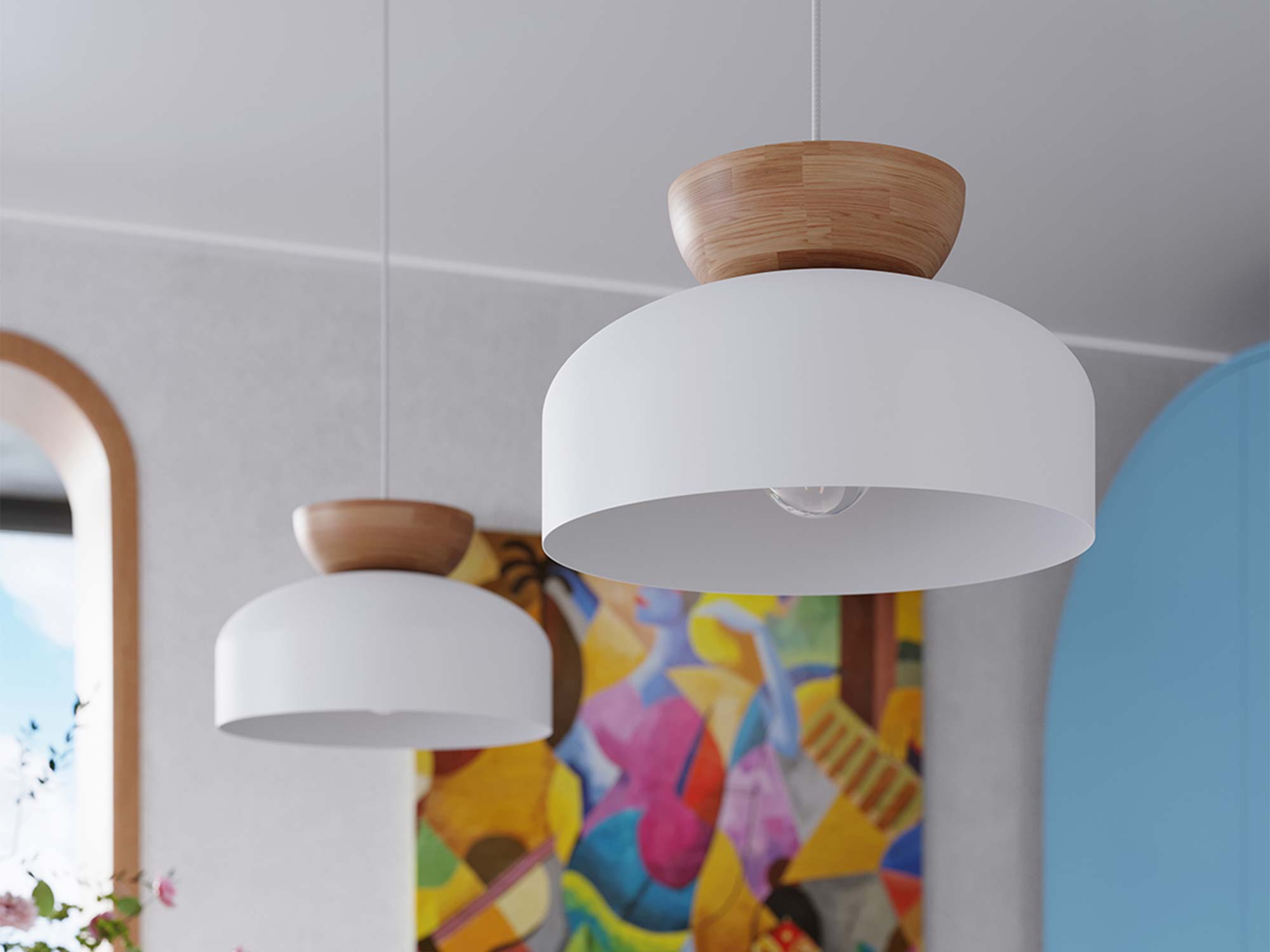 Skandinavische weiß-hölzerne Pendelleuchte in einem stilvollen Interieur