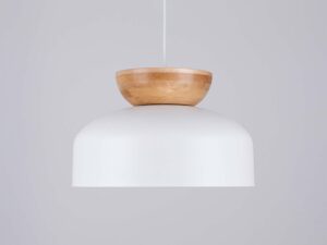 Miniaturka 9 - Biały metalowy klosz lampy wiszącej z drewnianą wstawką