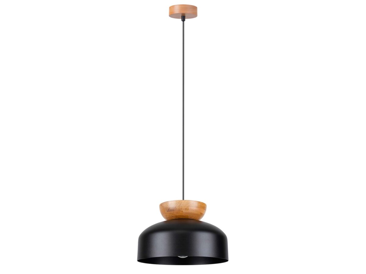 Schwarze Pendelleuchte aus Stahl mit Holzdetails MARLA