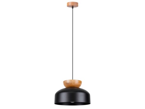 Biała lampa sufitowa wisząca z naturalnym elementem z drewna